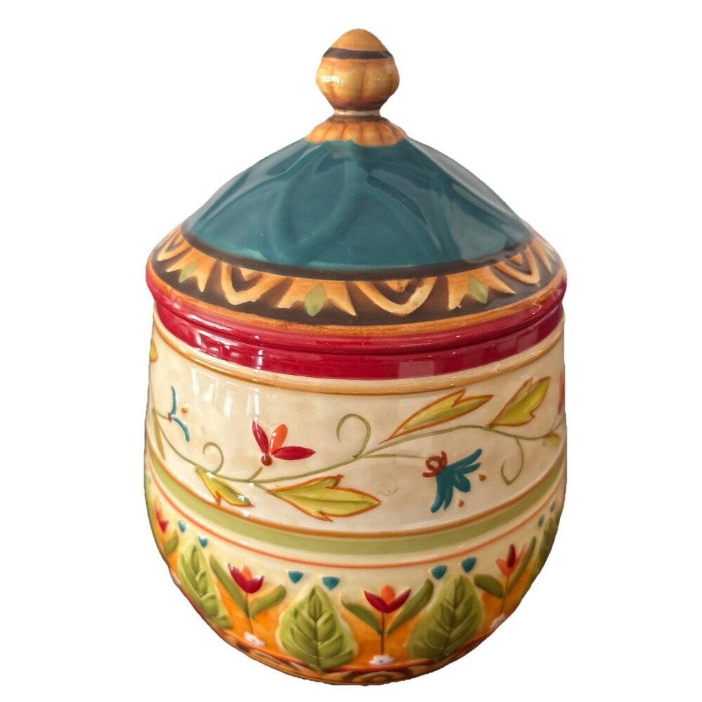 Vintage ~ Fitz And Floyd Global Market Footed Cookie Jar 1980- 8.5” T x 5.25”D